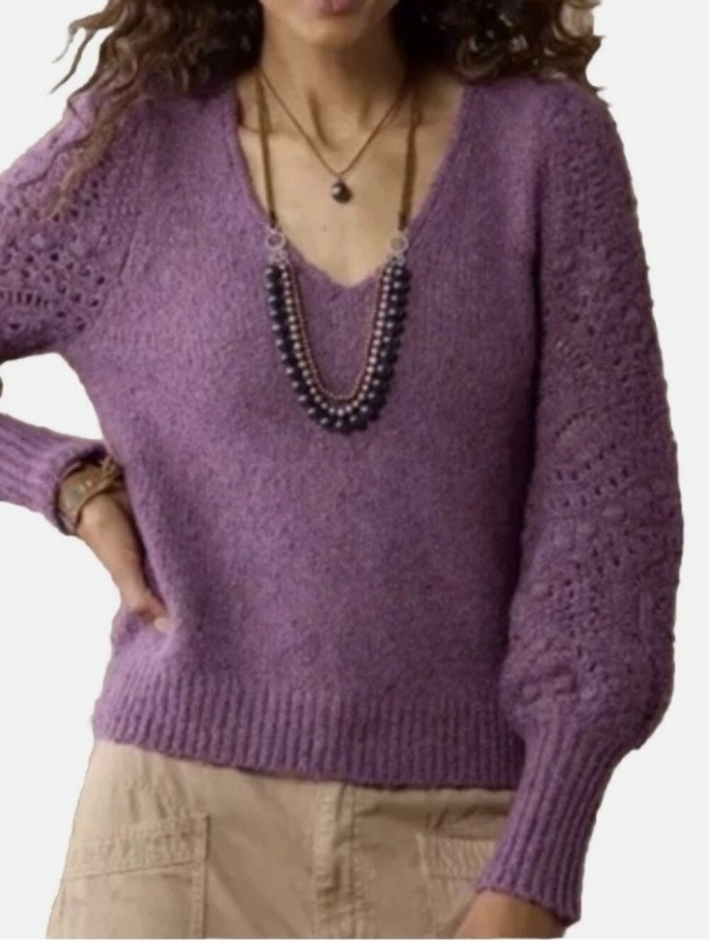 Sundance Yessica Sweater Open Knit Sleeve Women Purple XL Quiet Luxury Preppy - Picture 4 of 16